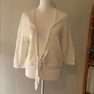 Hippie Wrap Tie-Front Cardigan Sweater white size large open weave 3/4 sleeves